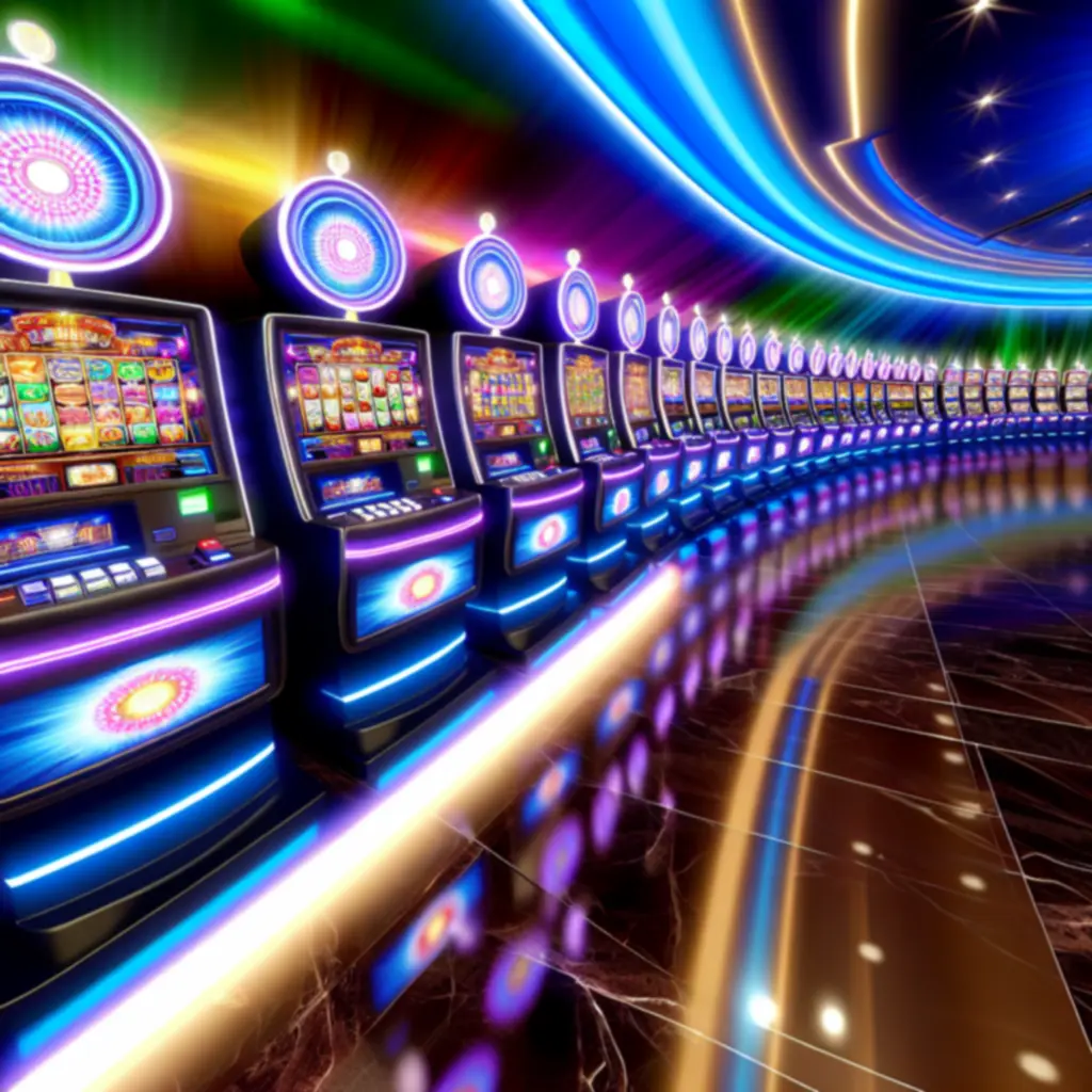 Rijen moderne slotmachines met dynamische verlichting
