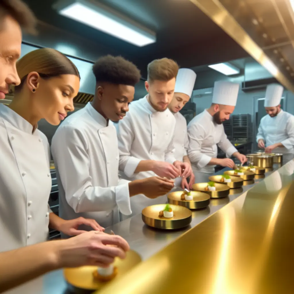 Het culinaire team in de keuken aan het dresseren van borden