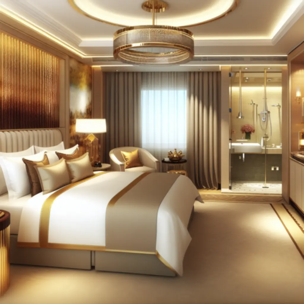 Deluxe kamer met koninginnenbed, warme neutrale tinten en gouden accenten