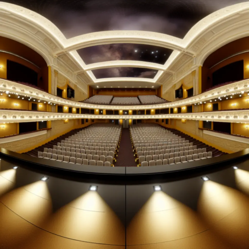 Panoramisch zicht op het theater met verlichte bühne